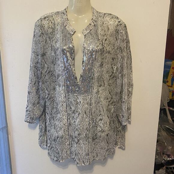 Chico’s Women 2/L Tunic Top Chiffon Embroidery Sequins Boho Beach Resort - Picture 1 of 8